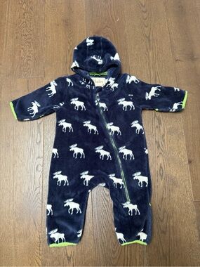 Hatley Navy Fleece Moose Print Hooded One-Piece with Lime Trim